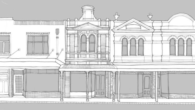 A grey, white, and black sketch of historic storefronts.