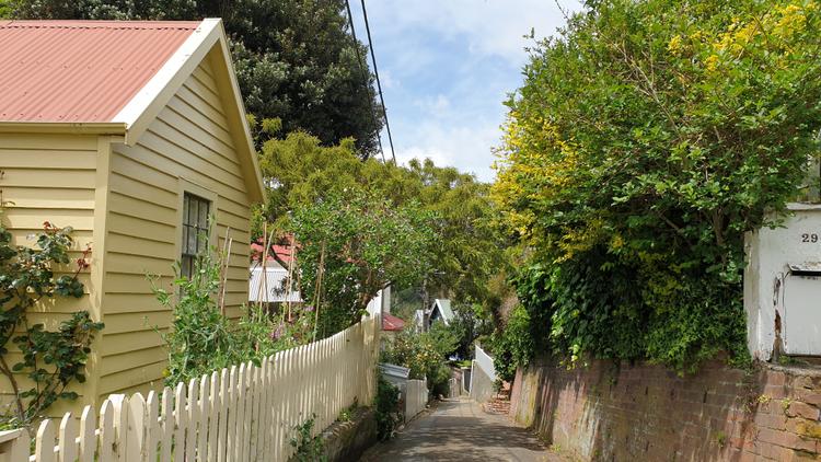 Outdoor shot looking down a historic alleyway with a wooden house on the left and trees overhanging the path.